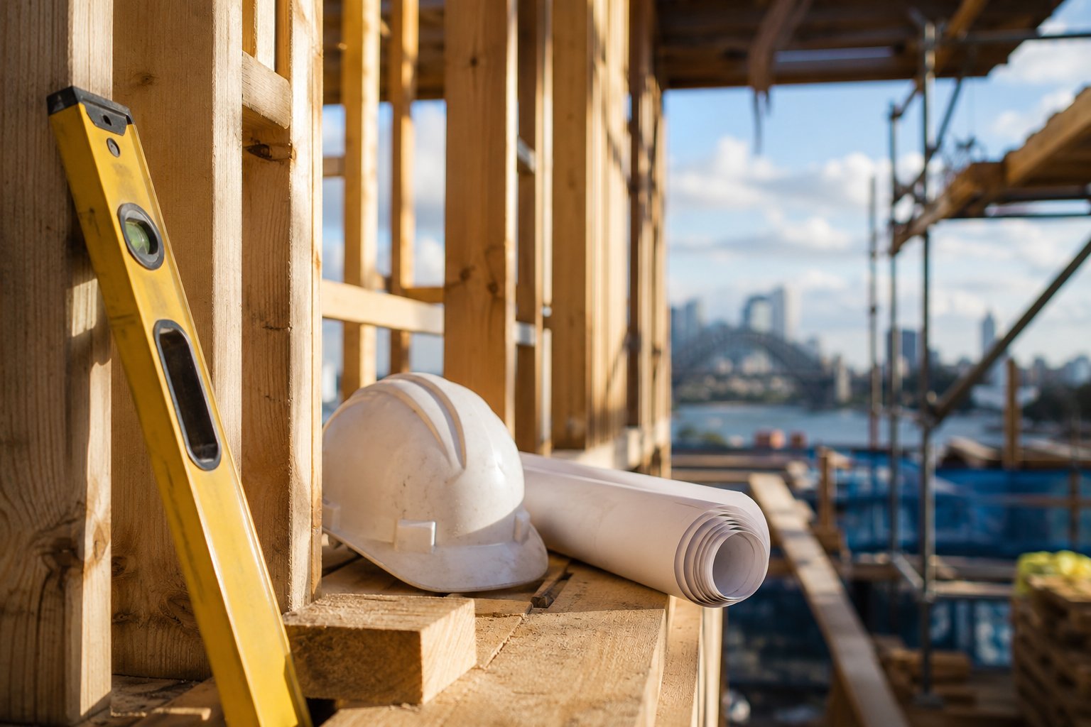 Construction site detail with tools and plans