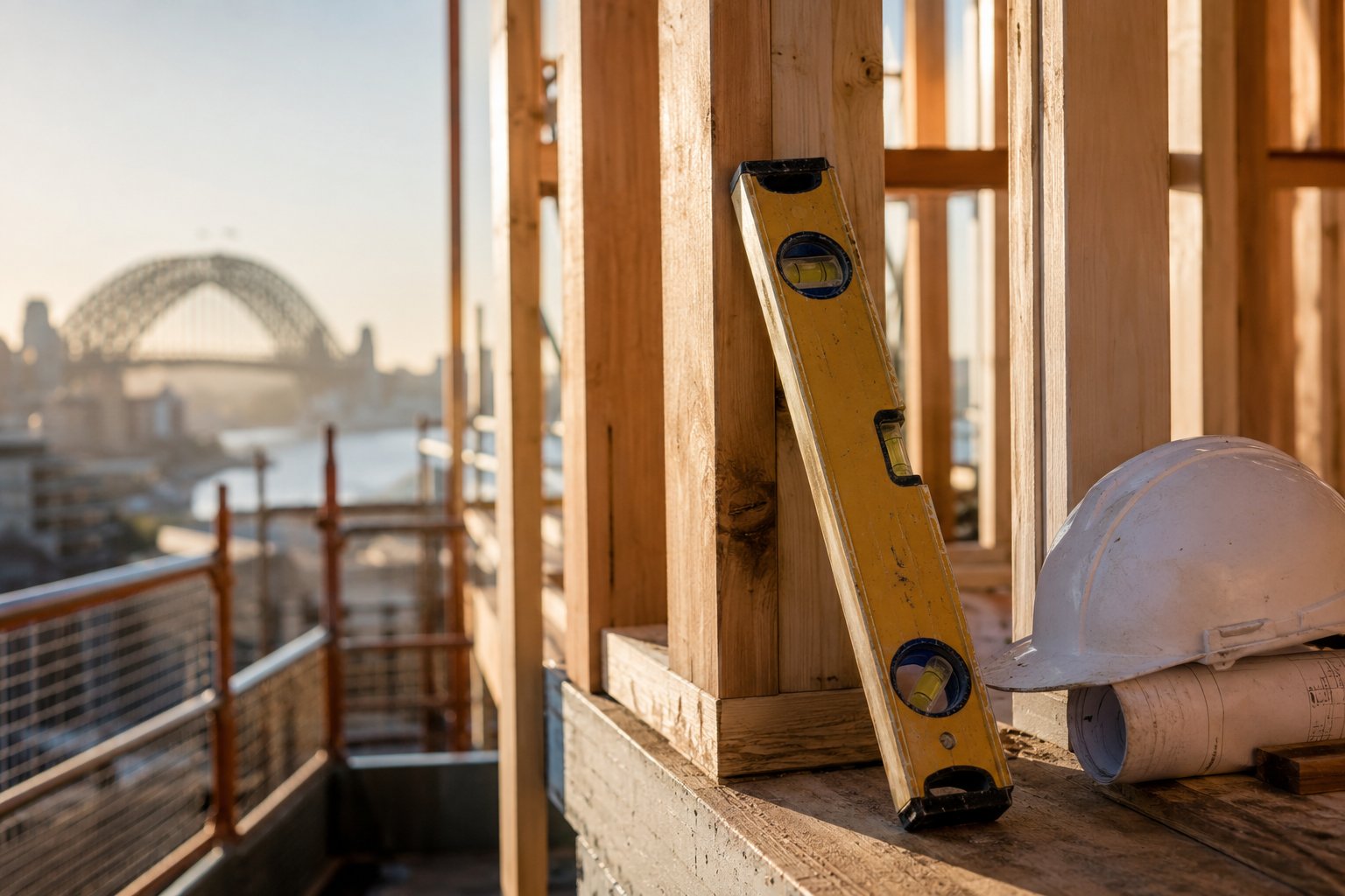 Construction plans, hard hat and measuring tape