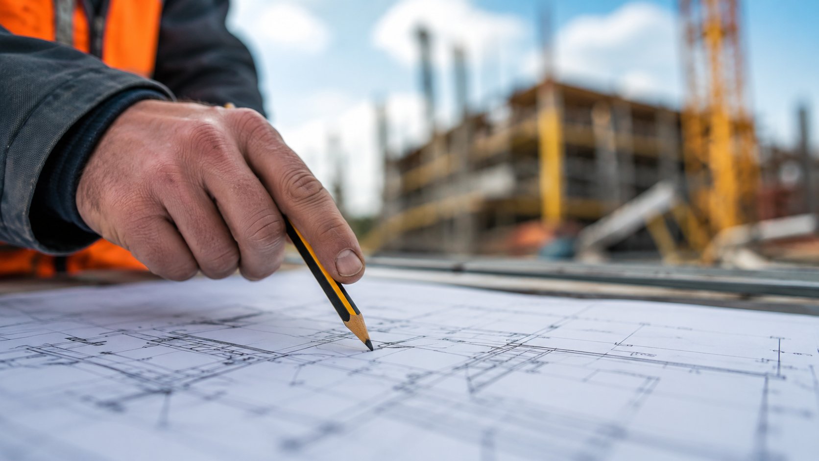 Builder pointing at construction plans