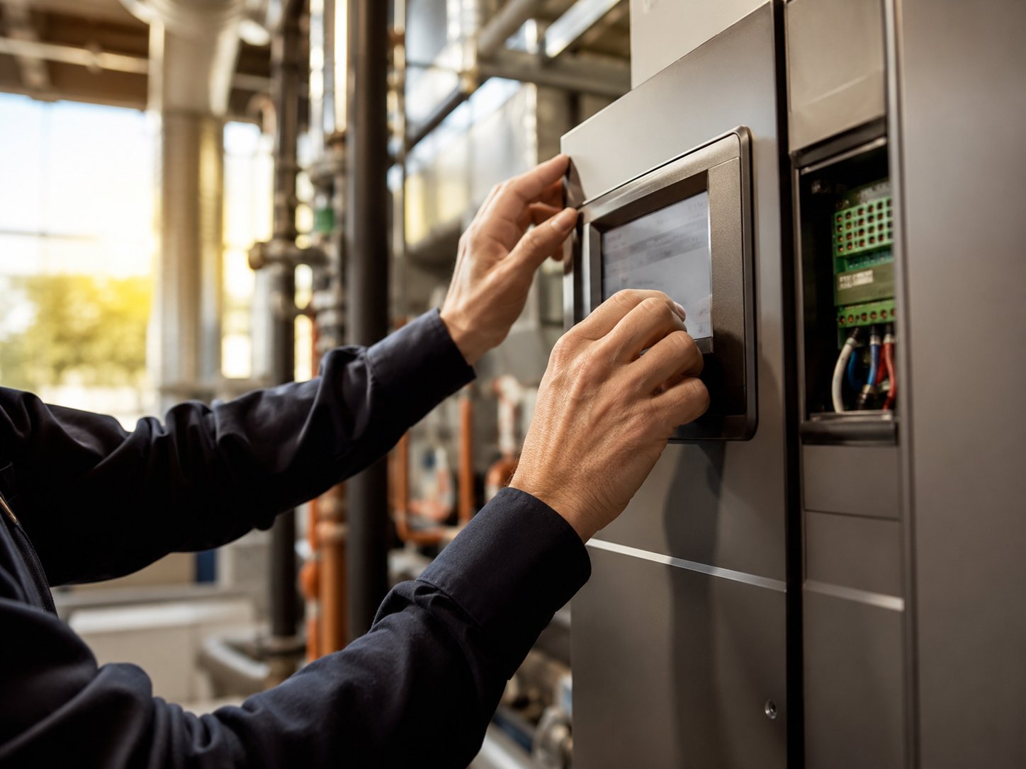 Technician adjusting a building management control panel
