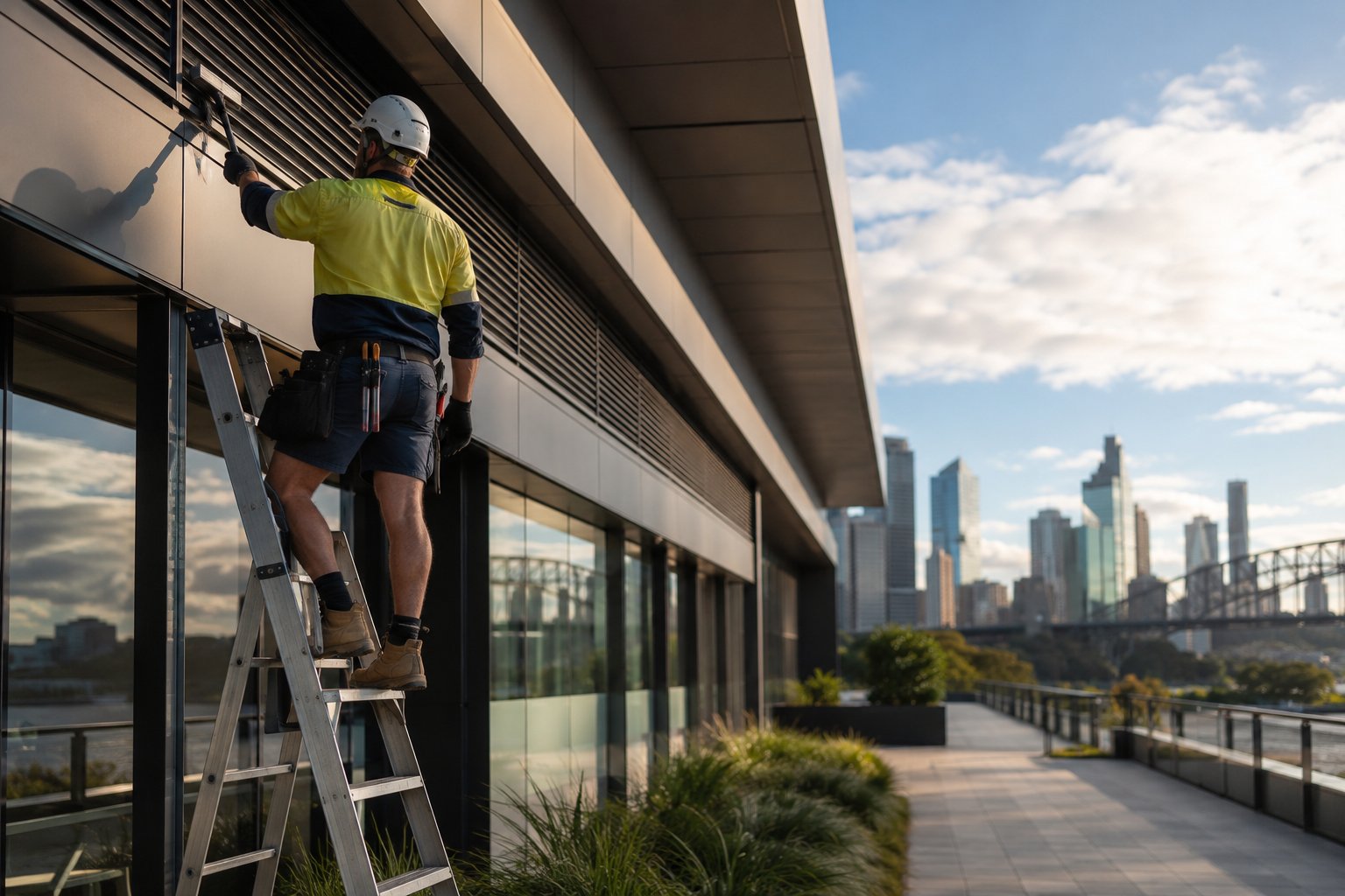 Maintenance technician working on a commercial building facade