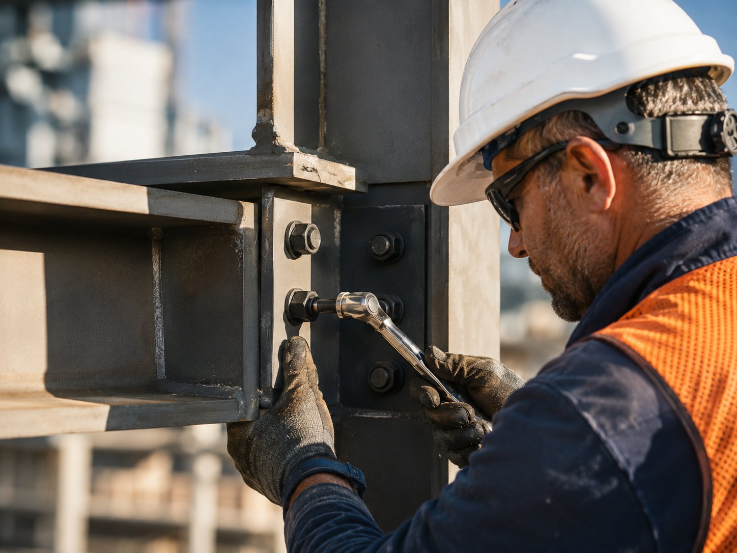 Close-up of a structural steel connection being installed
