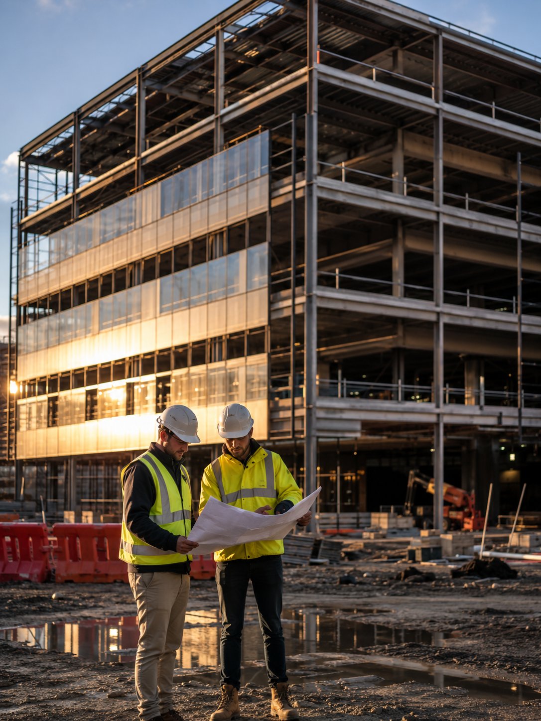 Savco Group team reviewing plans on an active job site