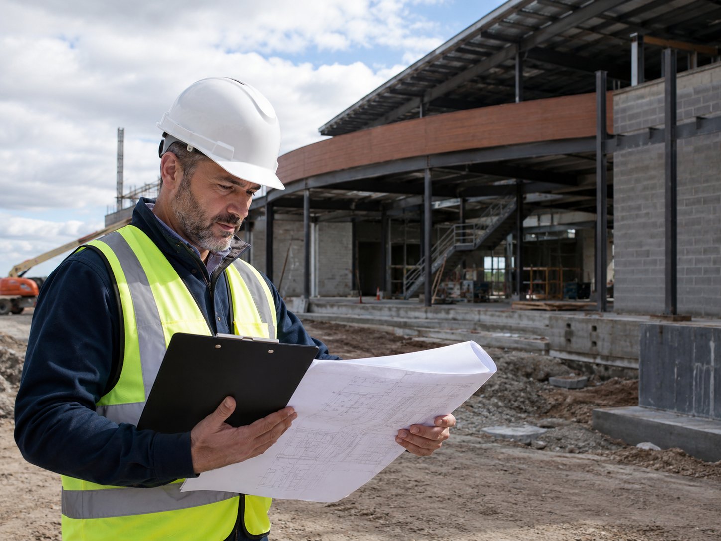Site supervisor reviewing plans on a public facility project