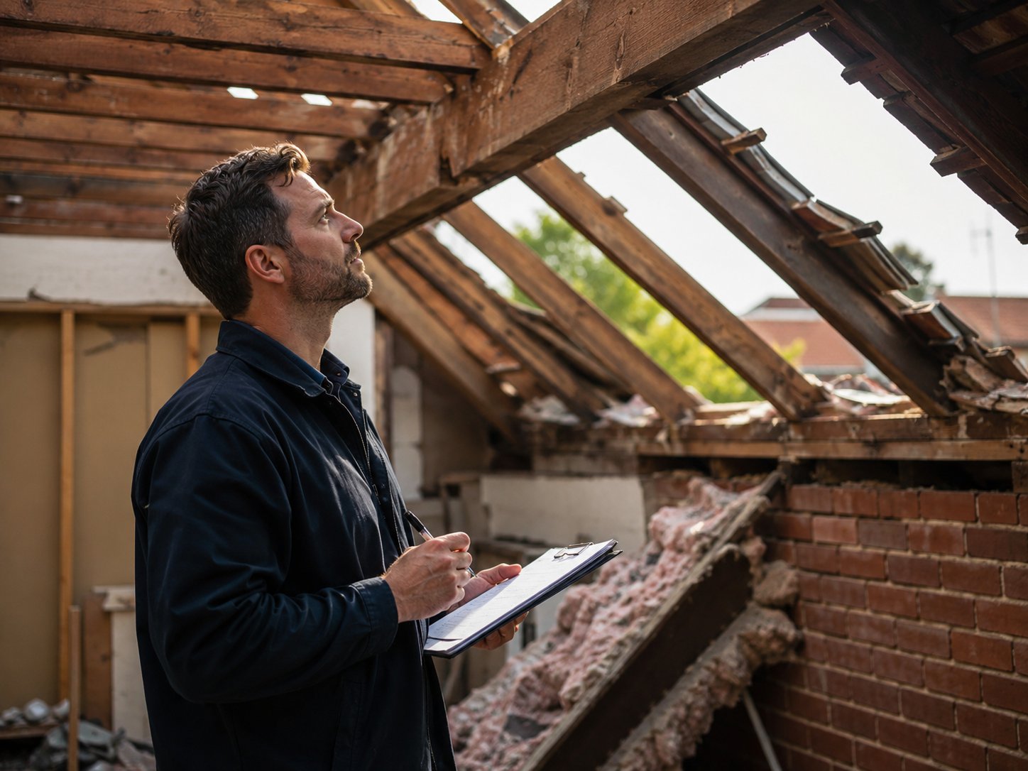 Restoration specialist inspecting storm damage