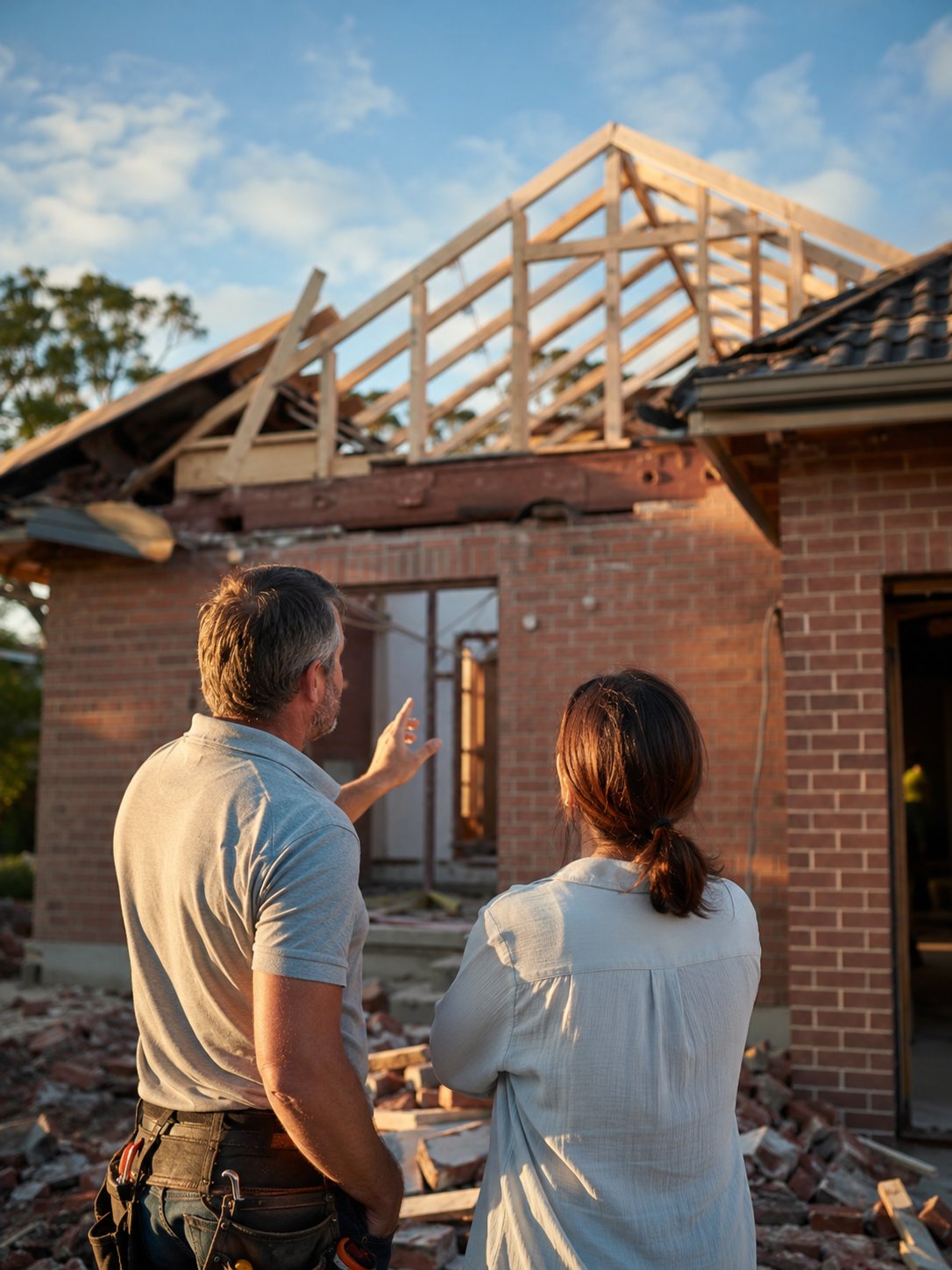 Storm-damaged roof mid-restoration