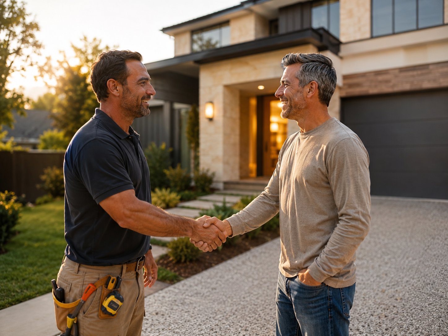 Builder shaking hands with a happy homeowner