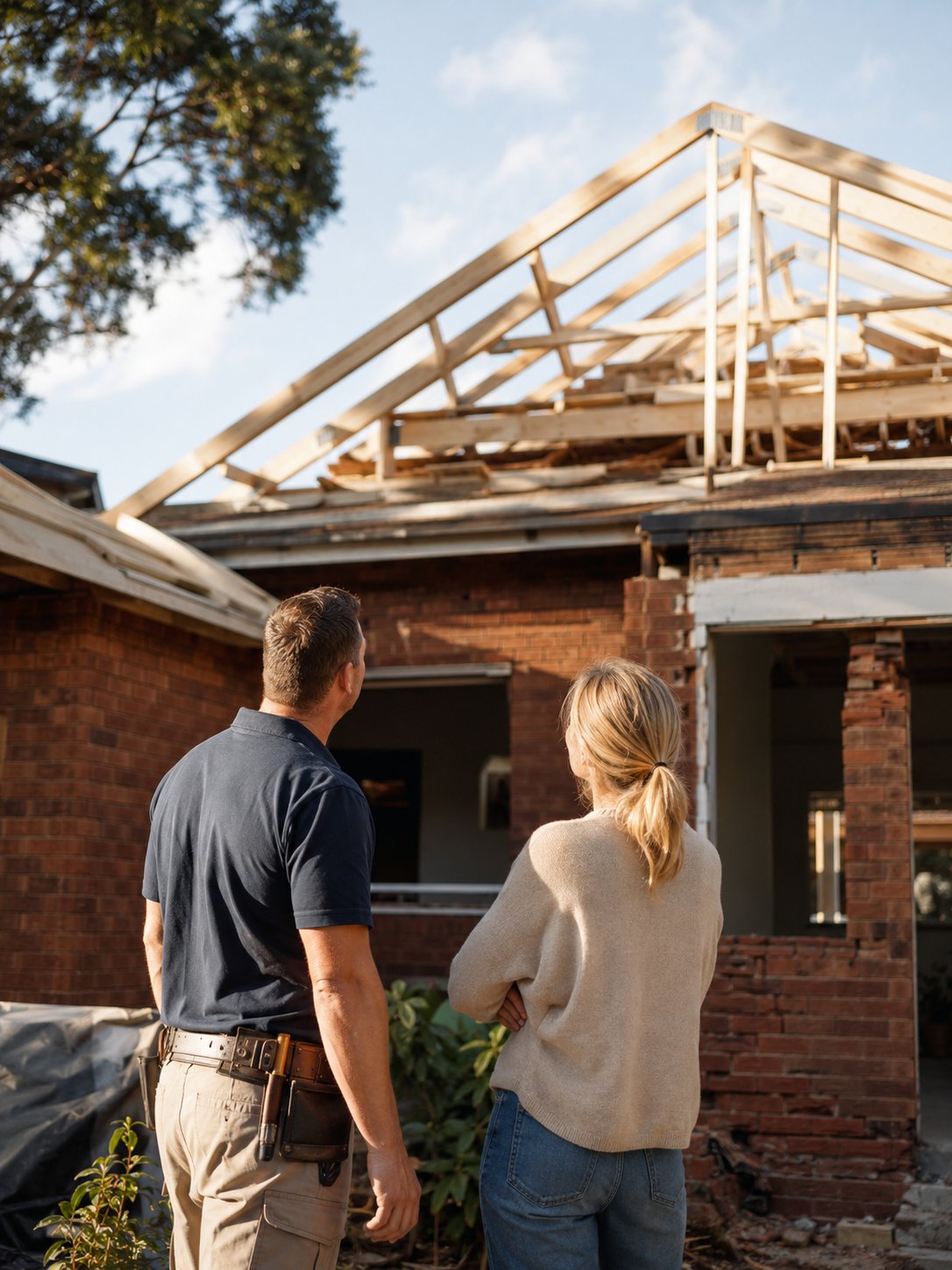 Builder and homeowner reviewing storm damage repairs