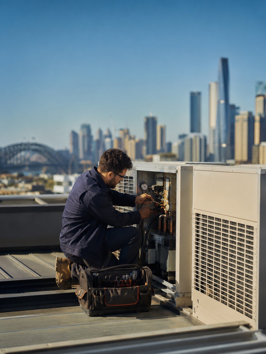 Savco Group technician servicing a rooftop air-conditioning unit