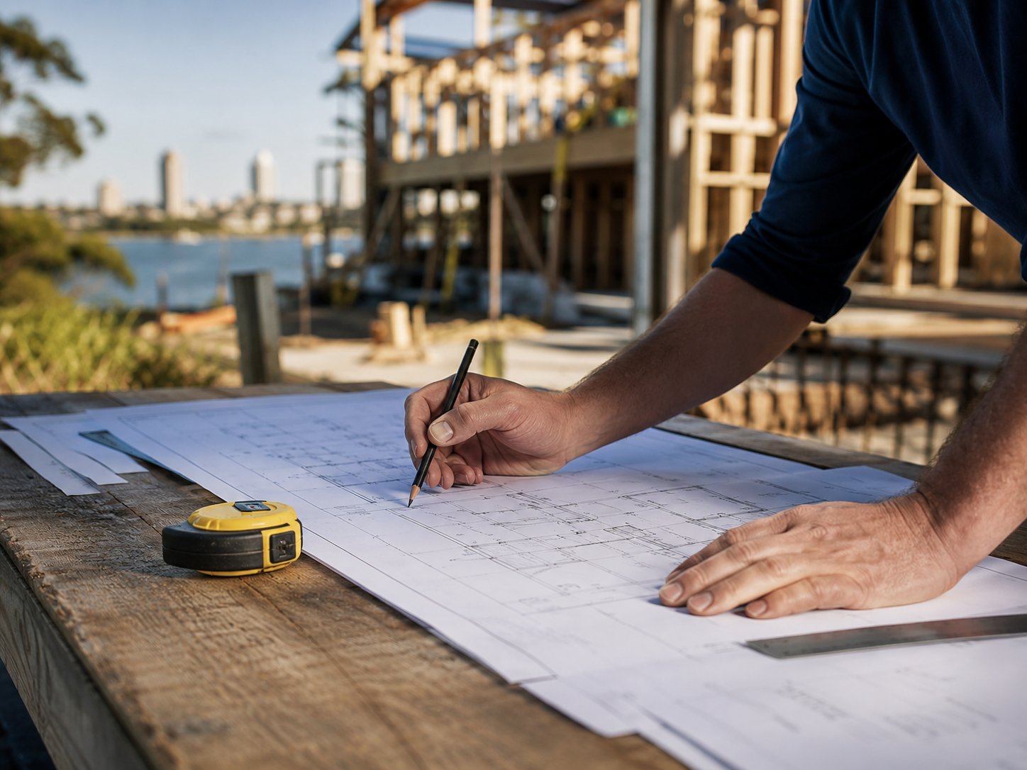 Hands marking up construction plans on site